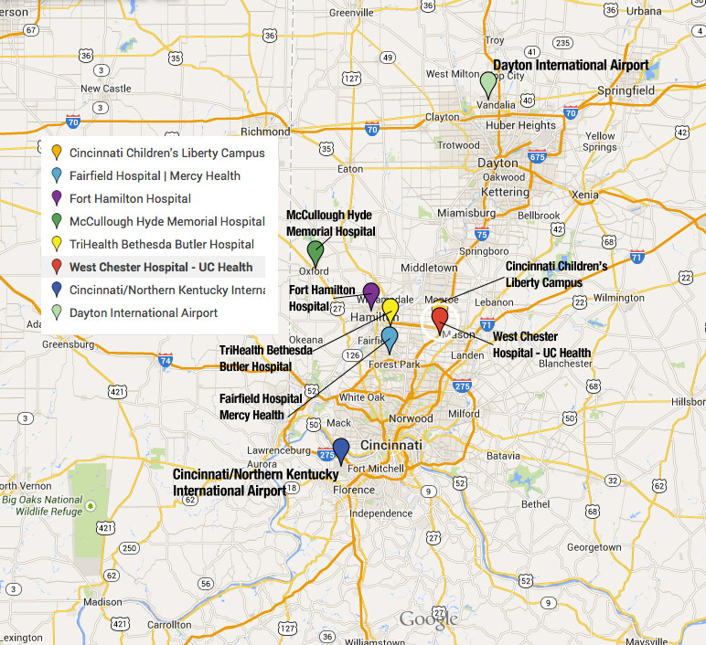 Map of Butler County Hospitals and Regional Airports