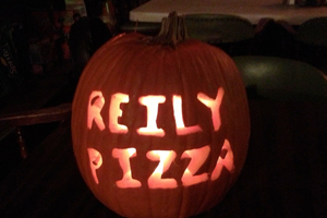 Pumpkin Carved with Reily Pizza's Name.