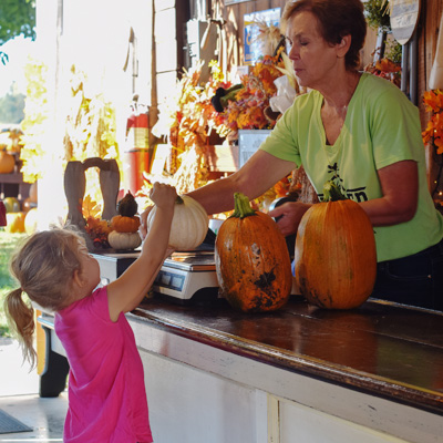 Little Girl Paying for Pumpkins at Garver Family Farm