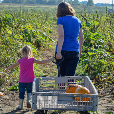 Mom and Daugther Pulling a Wagon with Two Pumpkins